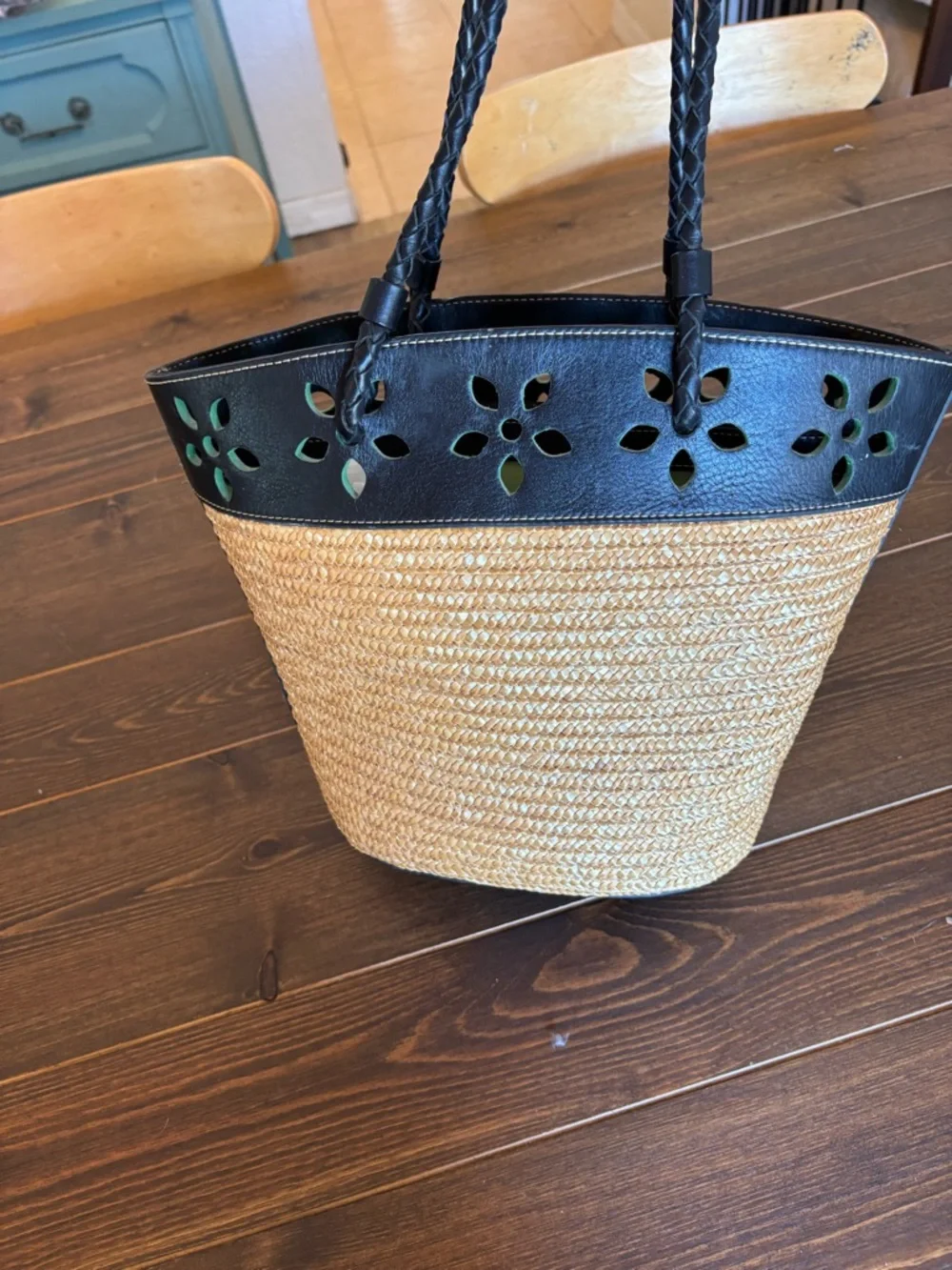 Preston & York Straw Tote Bag Genuine Leather Braided Handle Resort Summer Purse - Picture 3 of 16